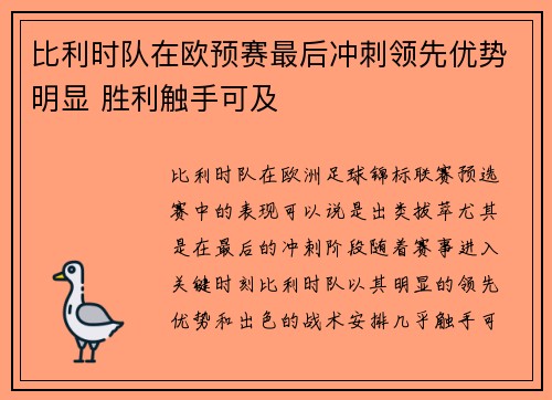 比利时队在欧预赛最后冲刺领先优势明显 胜利触手可及